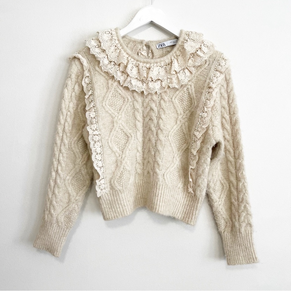 BOGO! ZARA Lace Ruffle Collar Pearl Cable Knit Sweater Cream Small - Picture 5 of 11